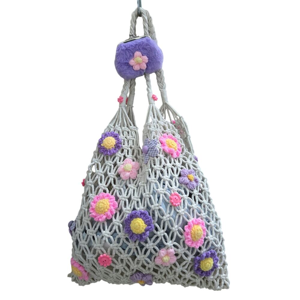 FLR PWR Transformed Macrame Shopping Tote bag coin purse Off White purple pink